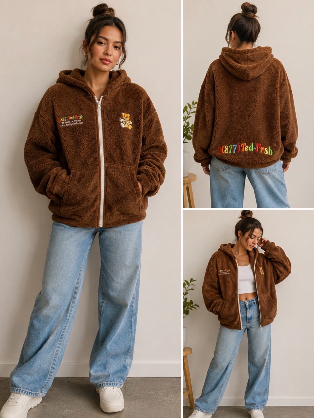 Teddy Fresh Brown Sherpa Zip Up Hoodie Oversized Streetwear Jacket Sz XL